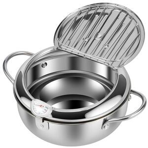 Deep Fryer Pot,  9 inch Stainless Steel W/ Thermometer & Lid, Deep Frying Pan
